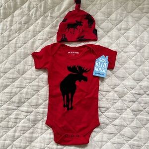 Little Blue House Red Moose Print Baby Onesie and Hat Set, 6-12mo, NWT